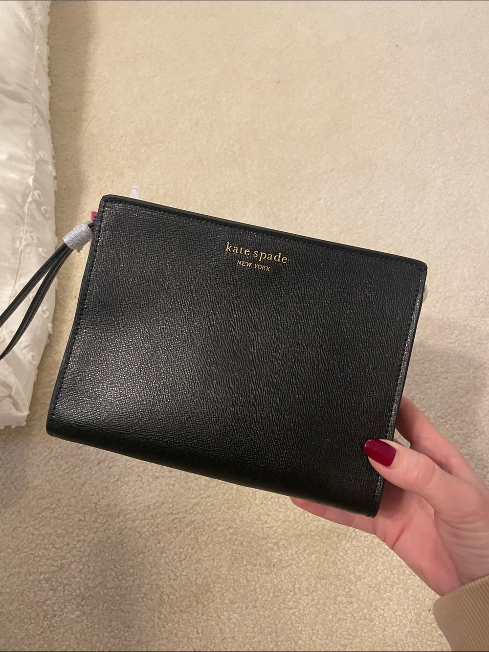 kate spade Black Leather Wristlet Clutch with Gold Logo